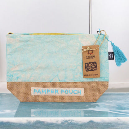 Alt Tag: Jute & Cotton Pamper Pouch – Stonewash Blues zip pouch in blue with jute base, tassel pull and label, 25x7x15 cm
