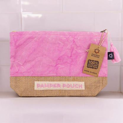 Jute & Cotton Pamper Pouch – 25x7x15 CM stonewash pink and purple jute-cotton pouch with zipper and tassel, eco-friendly