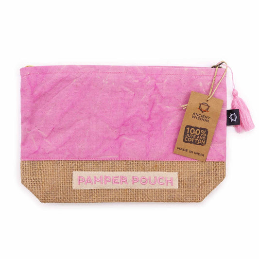 Skäm bort-påse i jute & bomull – 25x7x15 CM stonewashed rosa och lila påse med dragkedja, jutebas, tofs och etikett