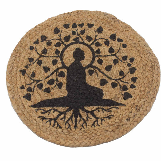 Jute Cotton Placemat – 30CM Bodhi Tree Print round natural jute placemat with black Bodhi tree and meditating figure design