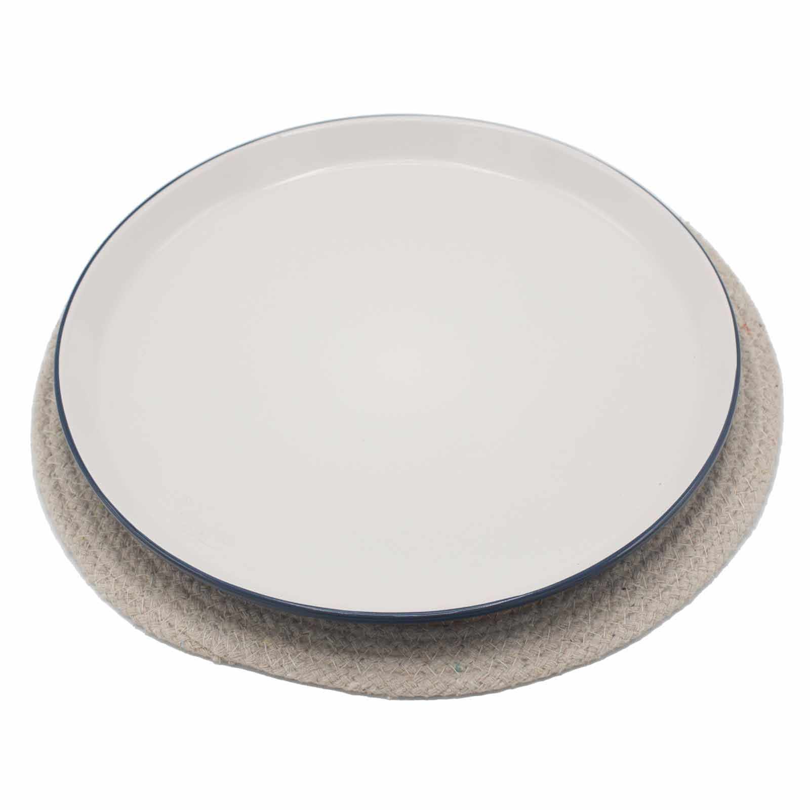 Jute & Cotton Placemat – 30 CM Ivory Border with white dinner plate, round natural jute-cotton placemat with ivory edge