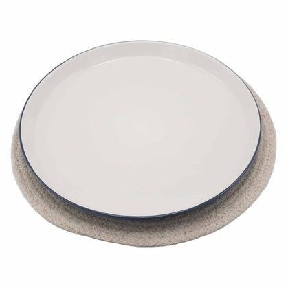 Jute & Cotton Placemat – 30 CM Ivory Border with white dinner plate, round natural jute-cotton placemat with ivory edge
