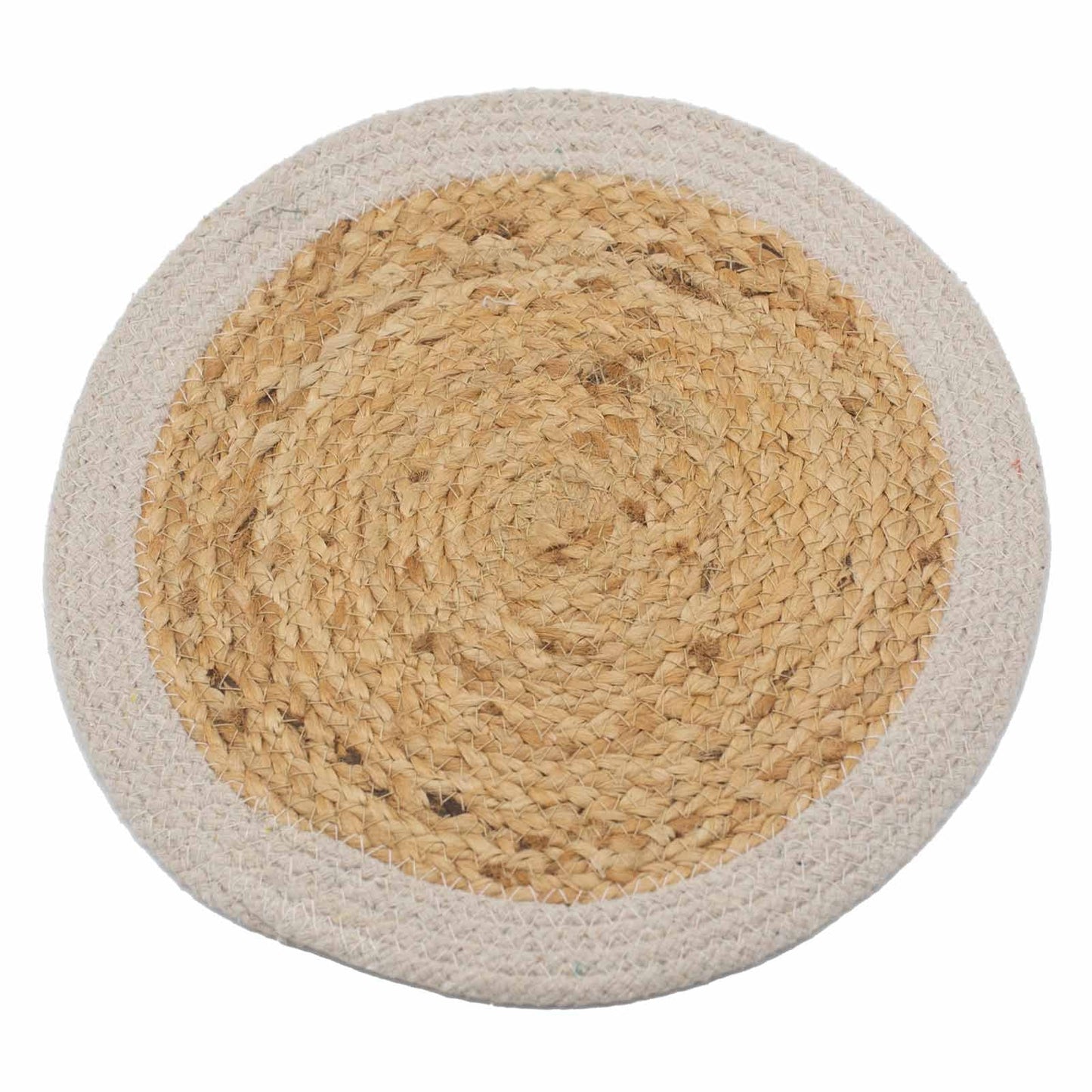 Jute & Cotton Placemat – 30 CM Ivory Border round natural jute braided placemat with ivory cotton border, top view