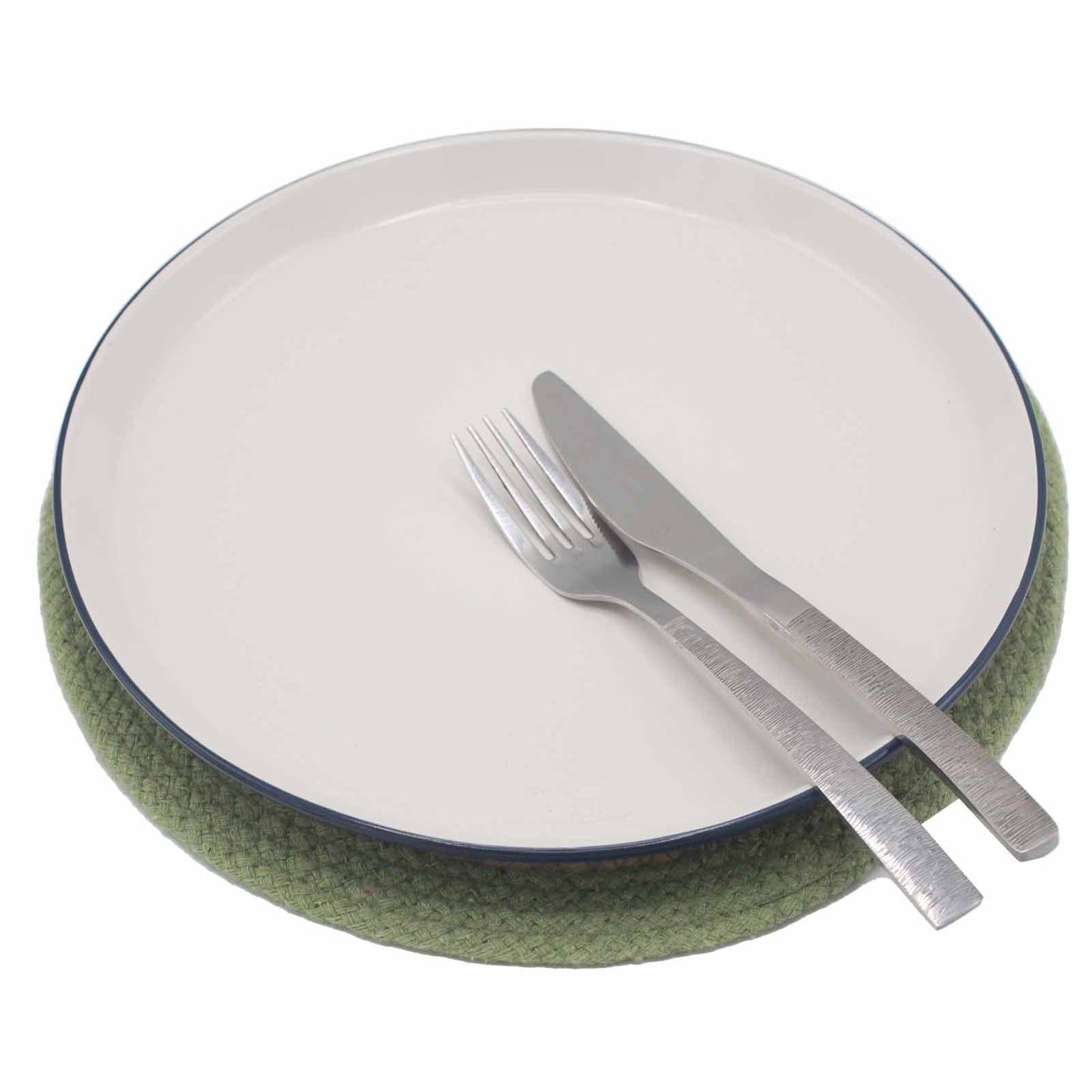 Jute & Cotton Placemat – 30CM Olive Border under white dinner plate with fork and knife, olive green border table setting
