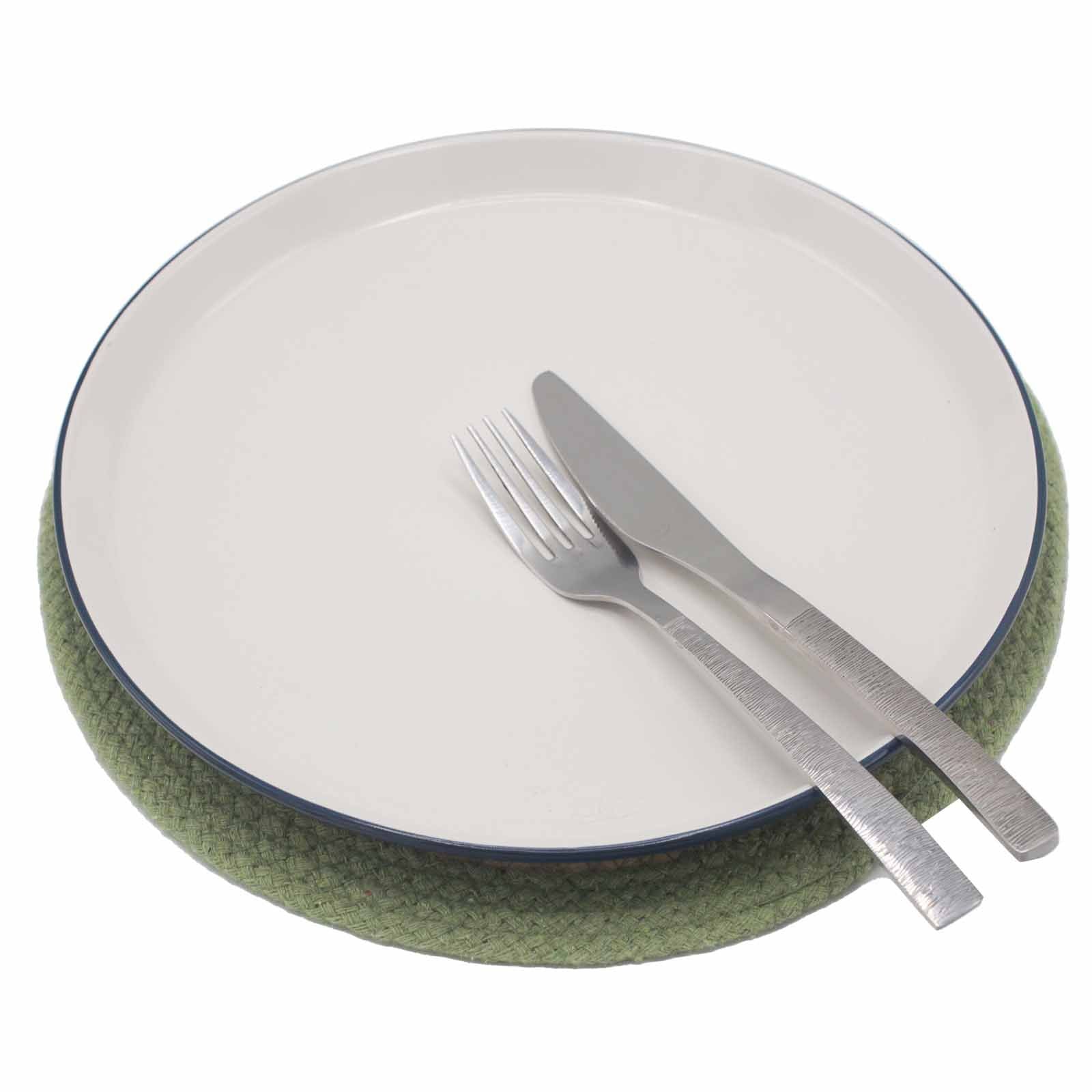 Jute & Cotton Placemat – 30CM Olive Border under white dinner plate with fork and knife, olive green border table setting