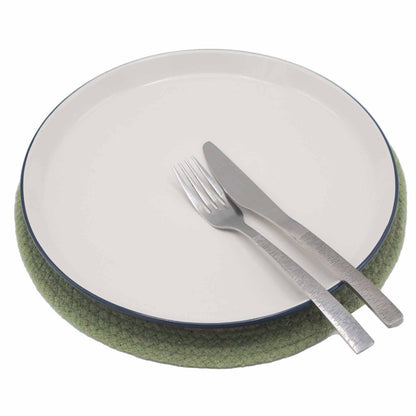 Jute & Cotton Placemat – 30CM Olive Border under white dinner plate with fork and knife, olive green border table setting