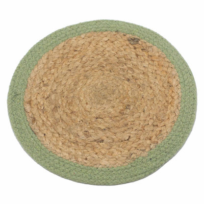 Alt Tag: Jute & Cotton Placemat – 30CM Olive Border, placemat redondo de yute trenzado con borde verde oliva