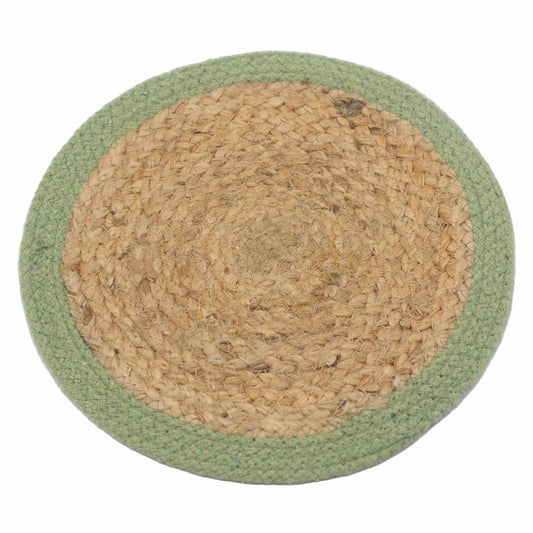 Alt Tag: Jute & Cotton Placemat – 30CM Olive Border, placemat redondo de yute trenzado con borde verde oliva