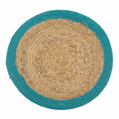 Alt Tag: Jute & Cotton Placemat – 30CM Teal Border placemat redondo de yute y algodón con borde teal, estilo boho para mesa