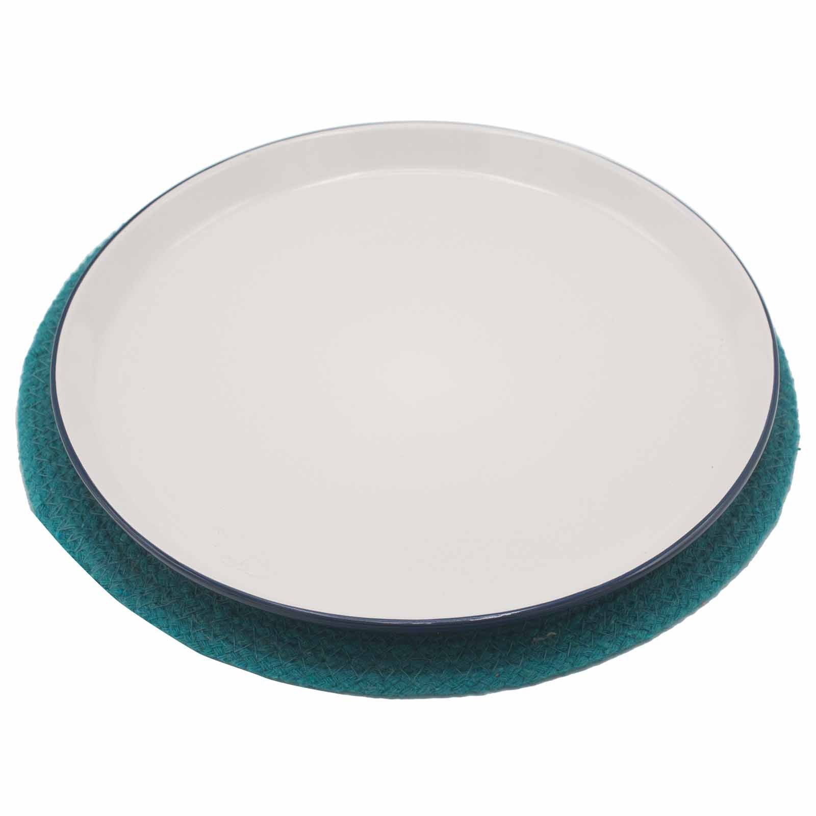 Jute & Cotton Placemat – 30CM Teal Border, round jute and cotton placemat with teal edge for boho table setting