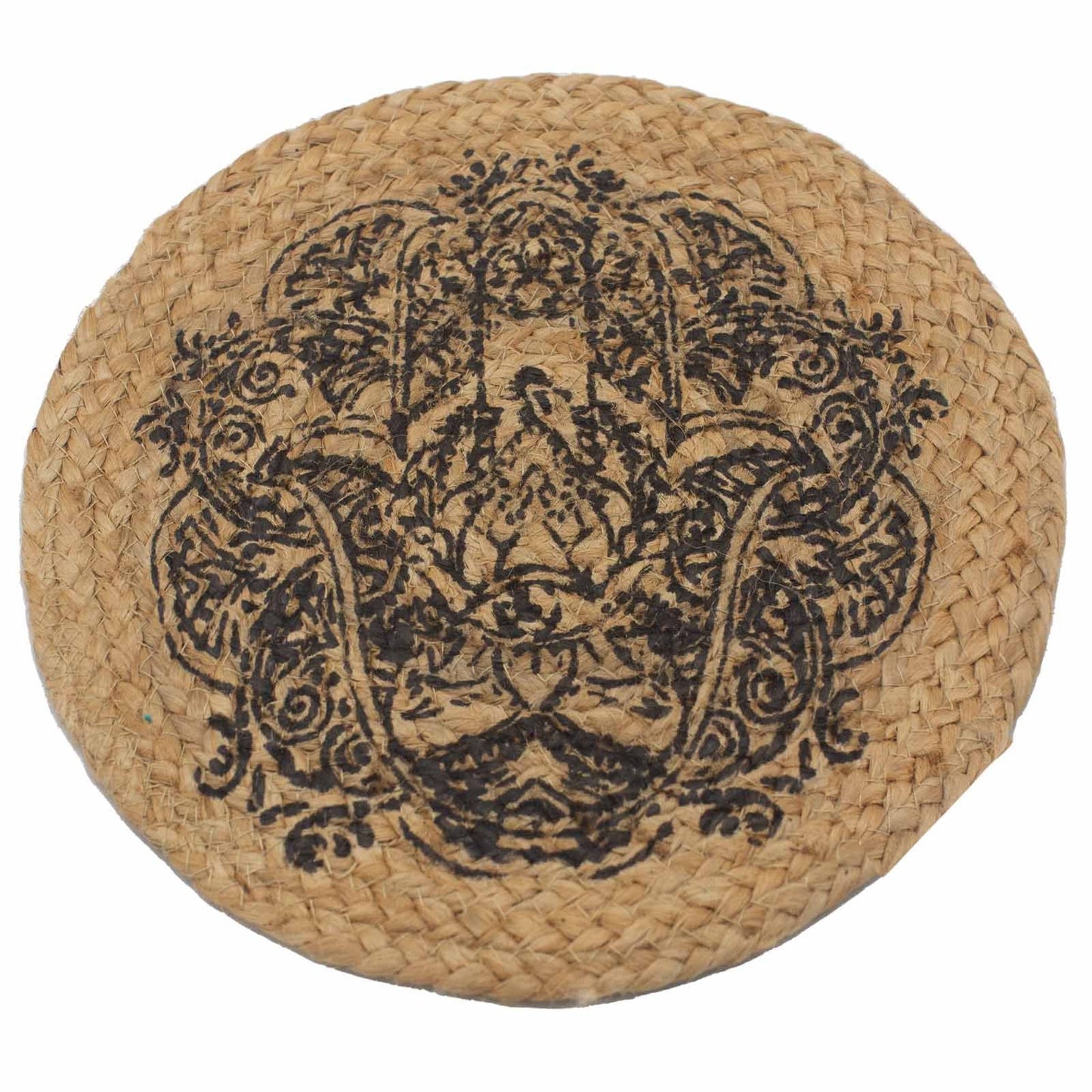 Jute & Cotton Place Mat – Hamsa Print 30CM natural braided jute and cotton round placemat with black Hamsa design
