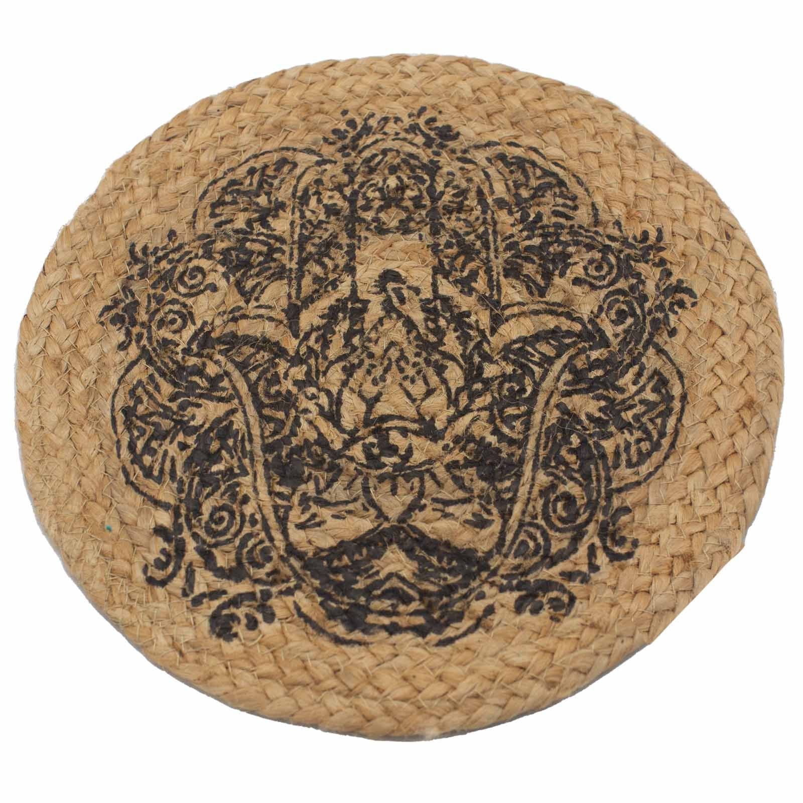 Jute & Cotton Place Mat – Hamsa Print 30CM natural braided jute and cotton round placemat with black Hamsa design
