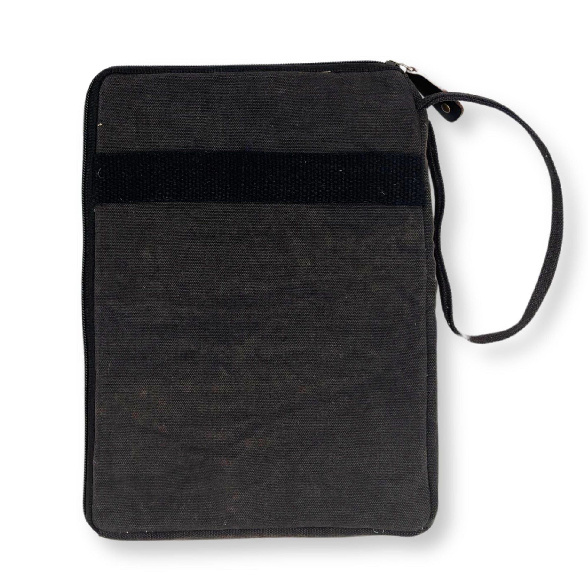 Alt Tag: Jute Cotton Tablet Pouch – Charcoal 21x29 CM, charcoal jute-cotton tablet sleeve with zip closure and wrist strap