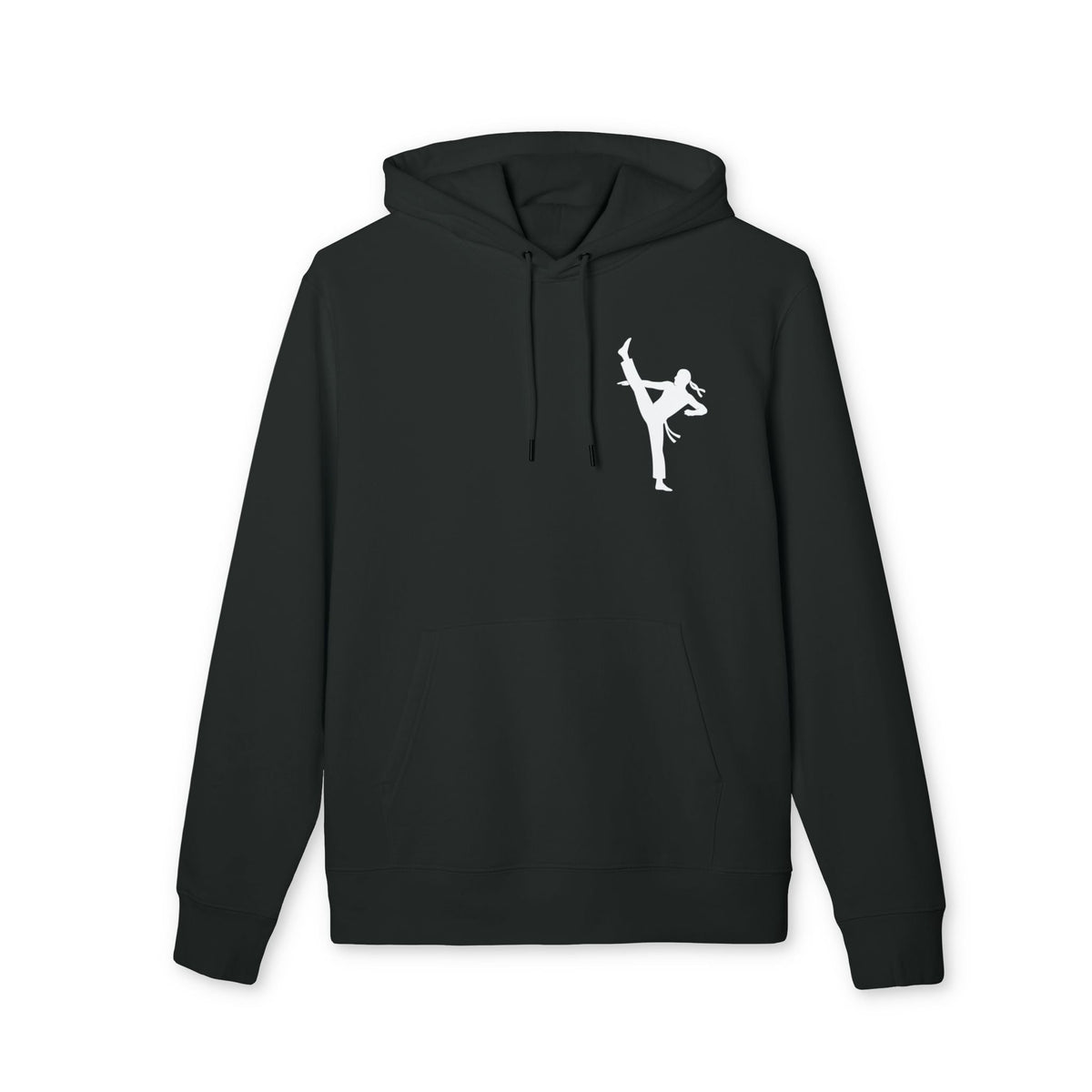Karate Kick Sustainable Unisex Hoodie in black with white martial arts kick graphic on chest, organic cotton hoodie