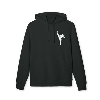 Karate Kick Sustainable Unisex Hoodie in black with white martial arts kick graphic on chest, organic cotton hoodie