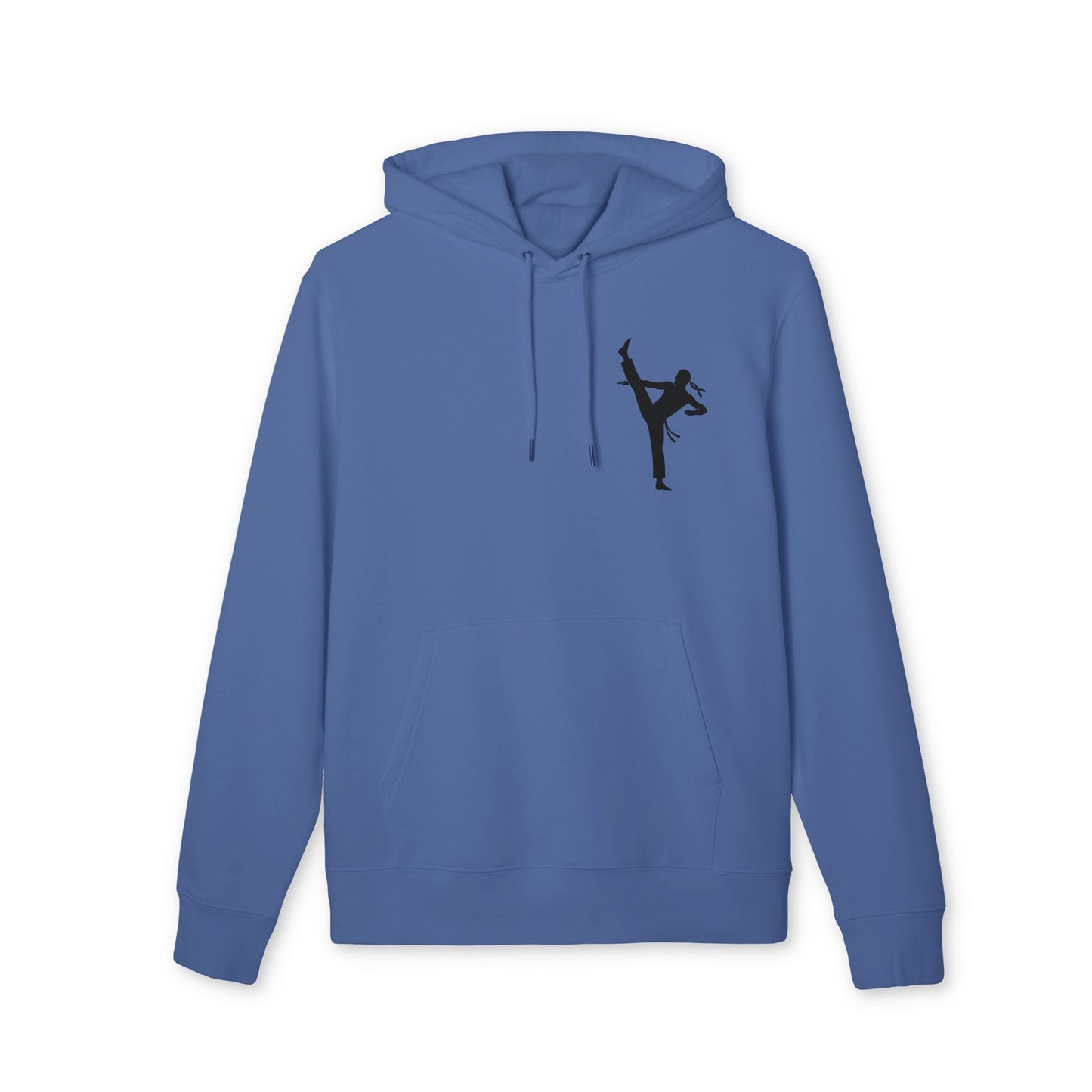 Alt Tag: Karate Kick Sustainable Unisex Hoodie in blue with black karate kick silhouette graphic, organic cotton pullover with drawstring hood