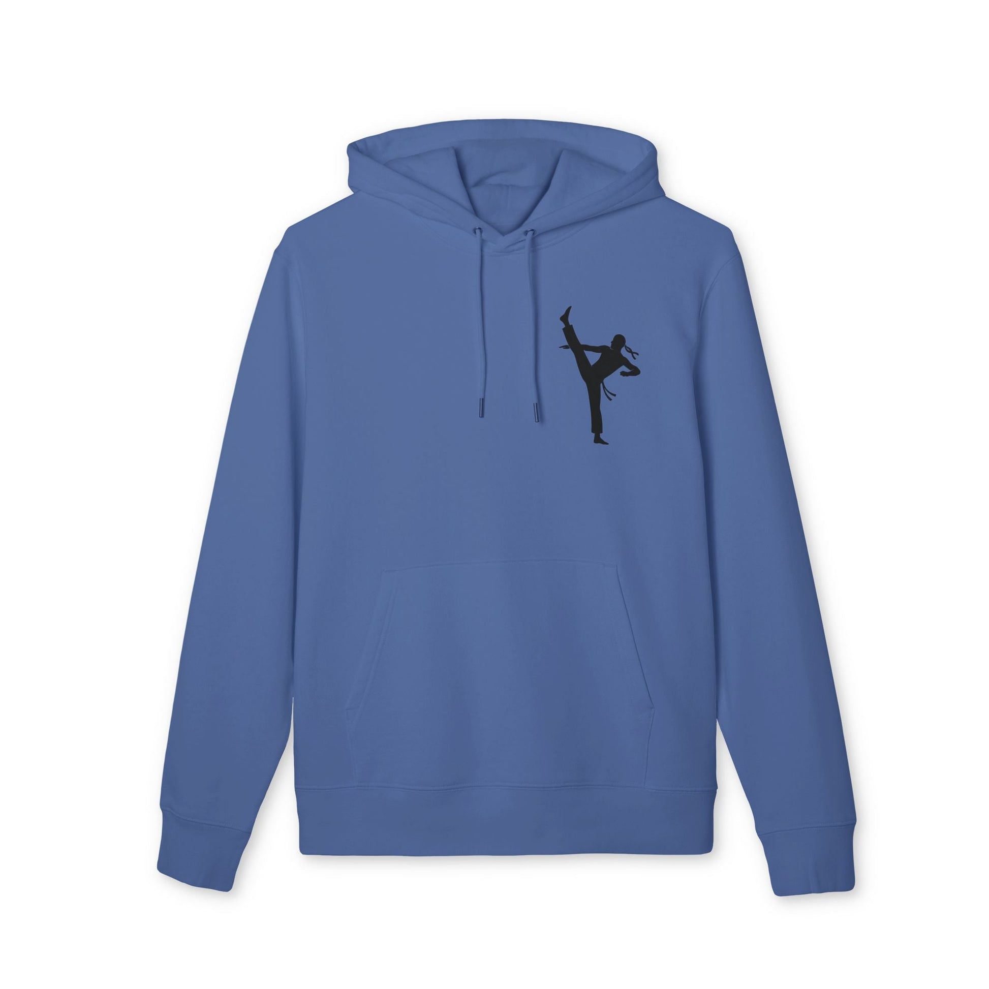 Alt Tag: Karate Kick Sustainable Unisex Hoodie in blue with black karate kick silhouette graphic, organic cotton pullover with drawstring hood