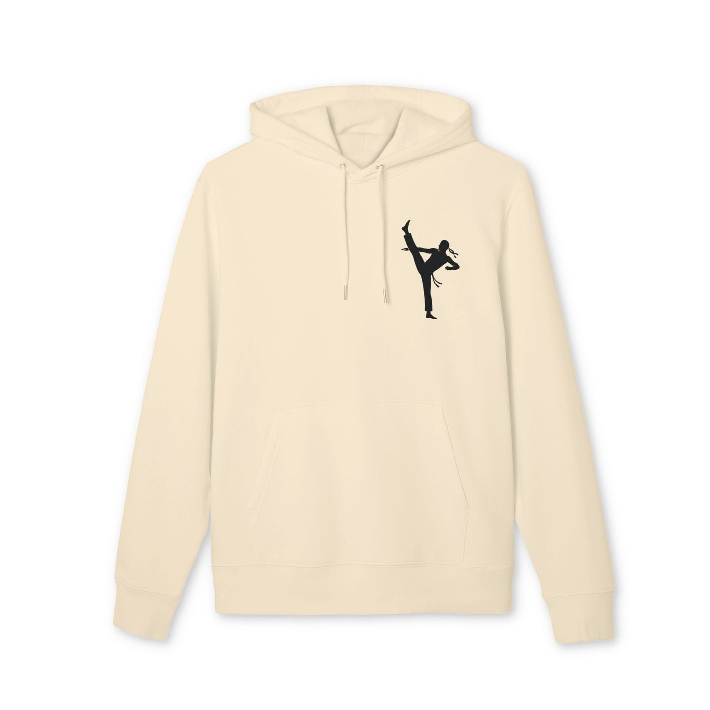 Alt Tag: Karate Kick Sustainable Unisex Hoodie in cream with black martial arts high-kick silhouette graphic, organic cotton pullover hoodie