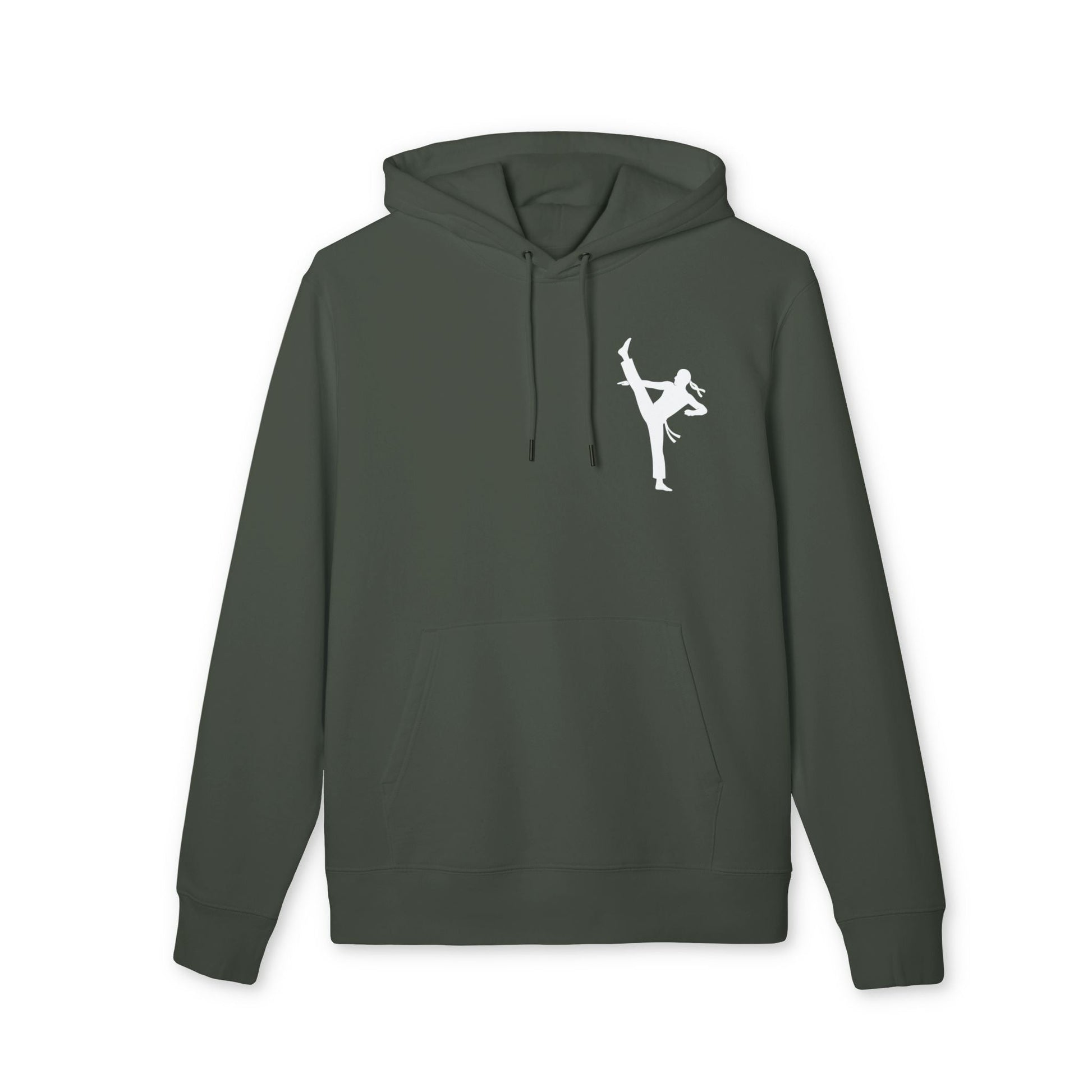 Alt Tag: Karate Kick Sustainable Unisex Hoodie verde oscuro con capucha y cordones, estampado blanco de patada de karate en el pecho