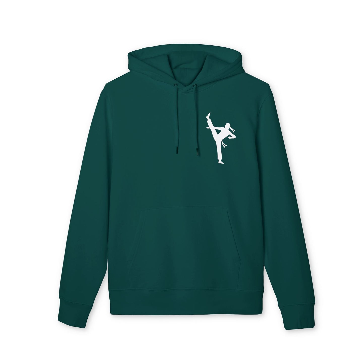 Alt Tag: Karate Kick Sustainable Unisex Hoodie in dark teal with white karate kick silhouette graphic, front view