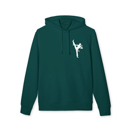 Alt Tag: Karate Kick Sustainable Unisex Hoodie in dark teal with white karate kick silhouette graphic, front view