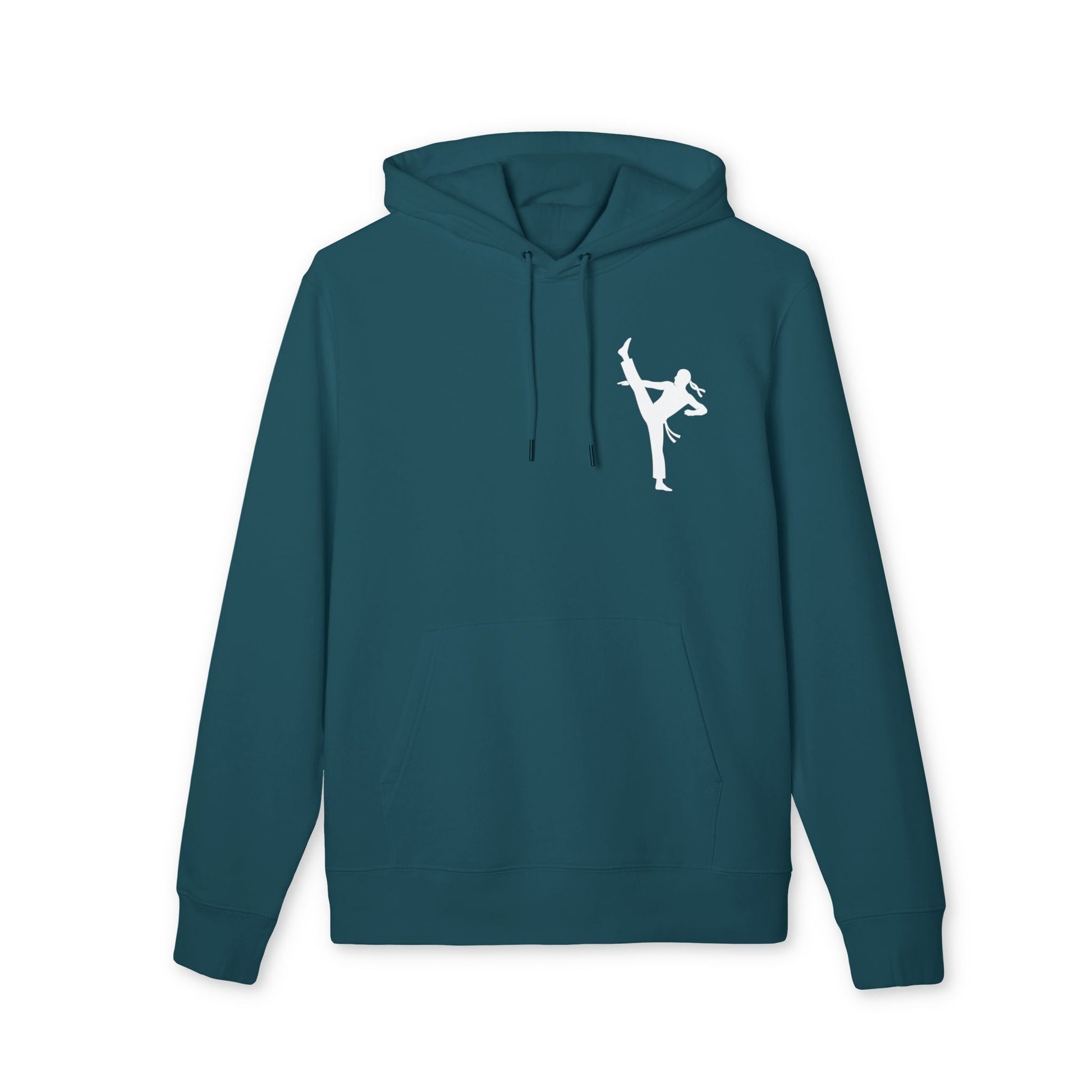 Alt Tag: Karate Kick Sustainable Unisex Hoodie en color azul petróleo con capucha y gráfico blanco de patada de karate en el pecho