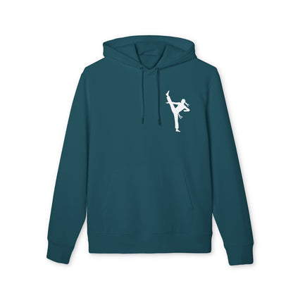 Alt Tag: Karate Kick Sustainable Unisex Hoodie en color azul petróleo con capucha y gráfico blanco de patada de karate en el pecho