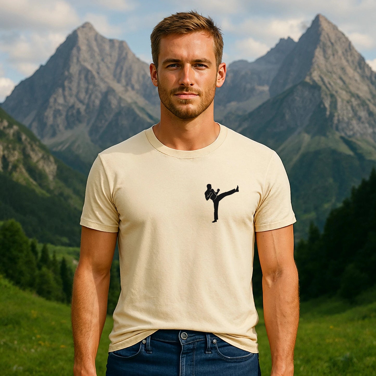 Alt Tag: Model wearing Karate Kick Sustainable Unisex Tee beige t-shirt with black karate kick graphic, outdoors with mountain backdrop