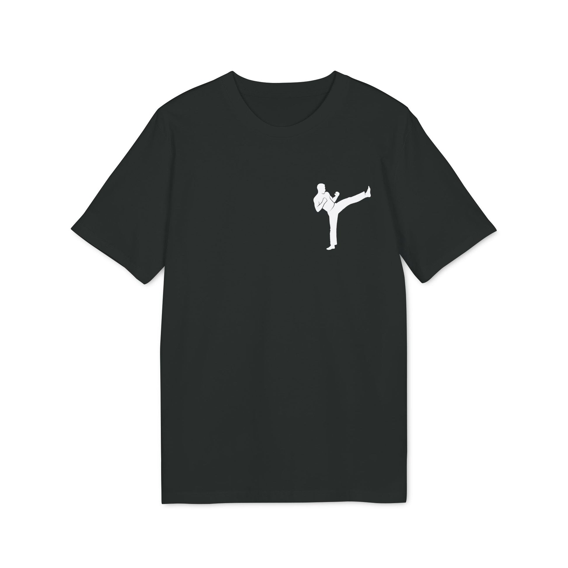 Alt Tag: Karate Kick Sustainable Unisex Tee black t-shirt with white karate high-kick graphic on chest