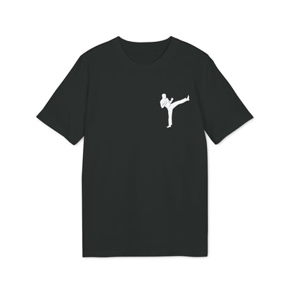 Alt Tag: Karate Kick Sustainable Unisex Tee black t-shirt with white karate high-kick graphic on chest