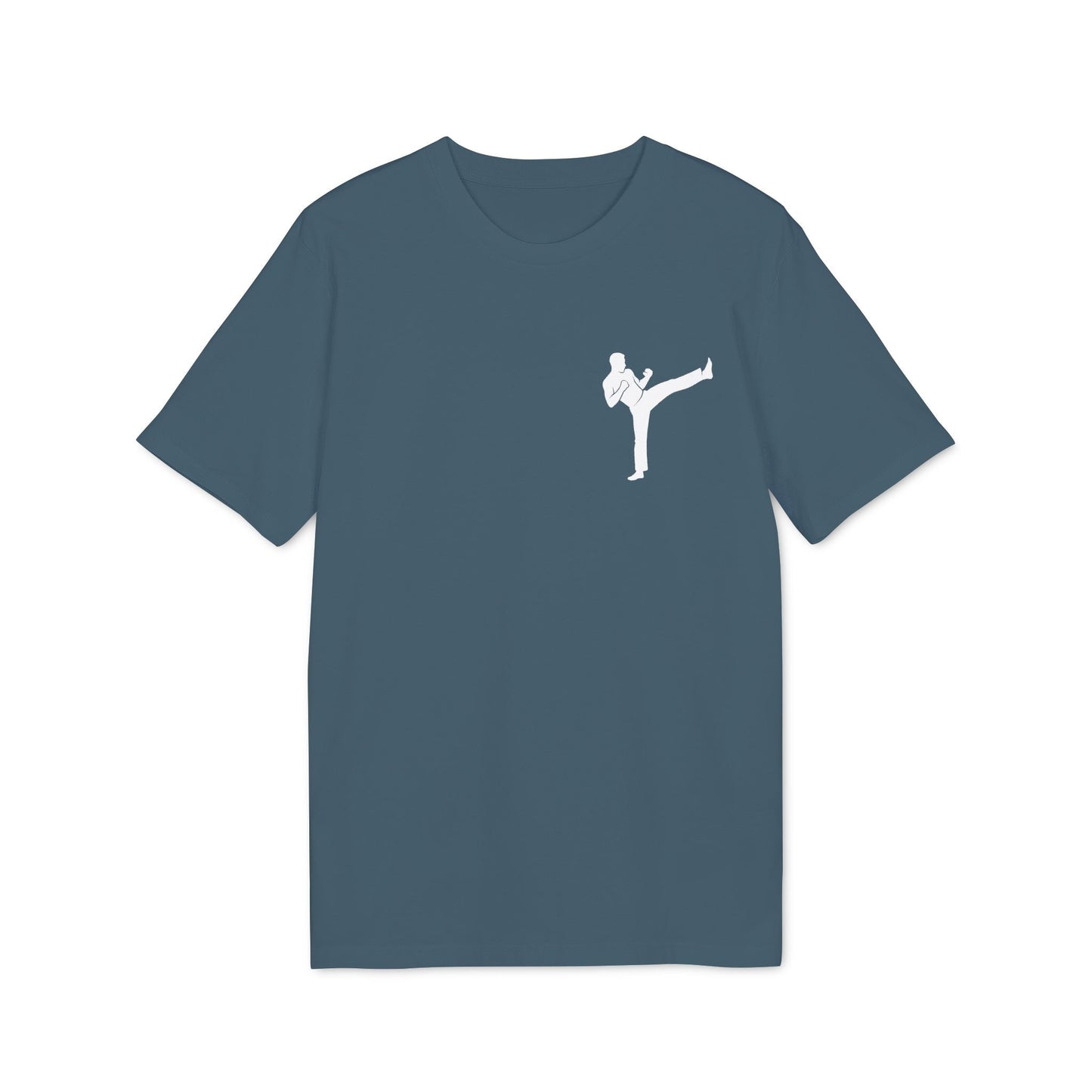 Alt Tag: Karate Kick Sustainable Unisex Tee in blue with small white karate kicking silhouette graphic on chest