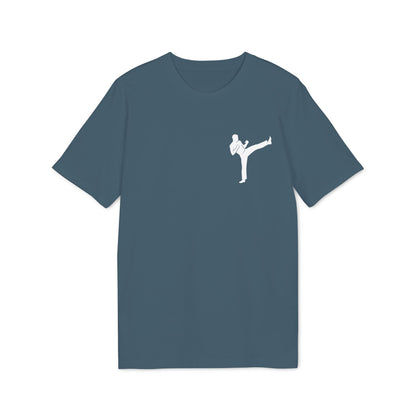 Alt Tag: Karate Kick Sustainable Unisex Tee in blue with small white karate kicking silhouette graphic on chest