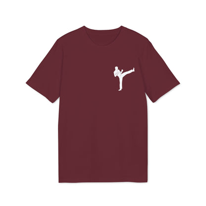 Alt Tag: Karate Kick Sustainable Unisex Tee en color burdeos con gráfico blanco de patada de karate en el pecho