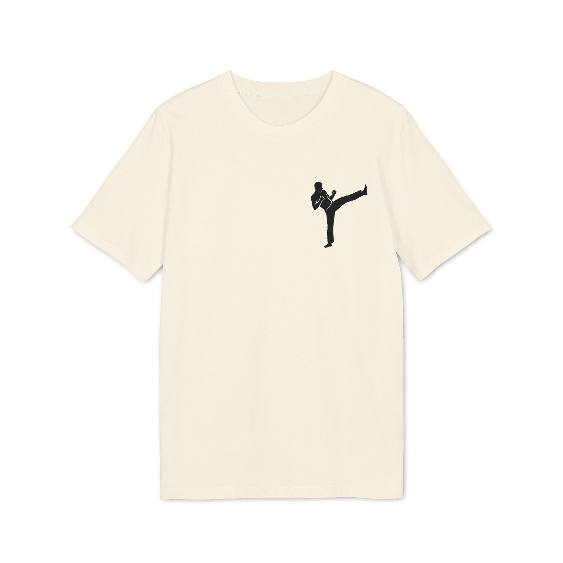 Karate Kick Sustainable Unisex Tee in cream with small black karate kicking silhouette graphic on chest