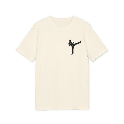 Karate Kick Sustainable Unisex Tee in cream with small black karate kicking silhouette graphic on chest