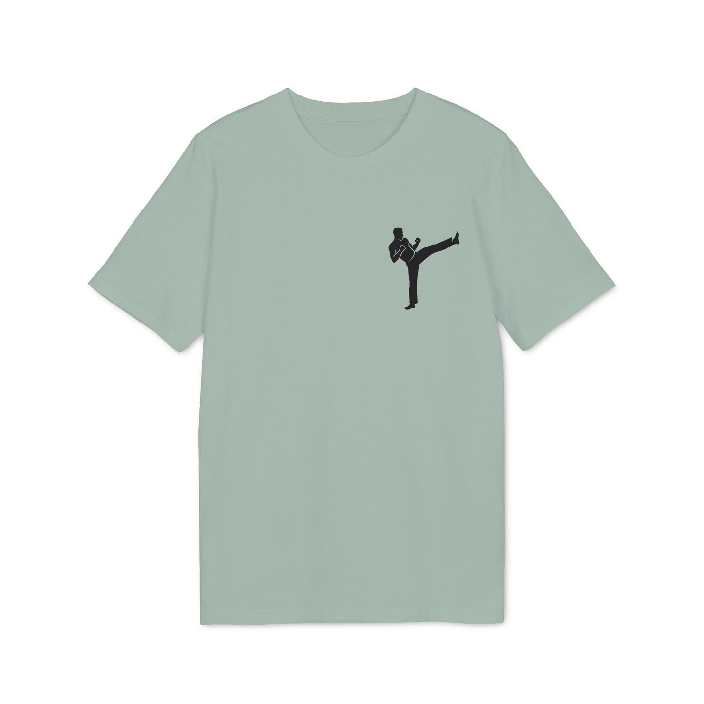 Alt Tag: Karate Kick Sustainable Unisex Tee in sage green with black karate kicking silhouette graphic