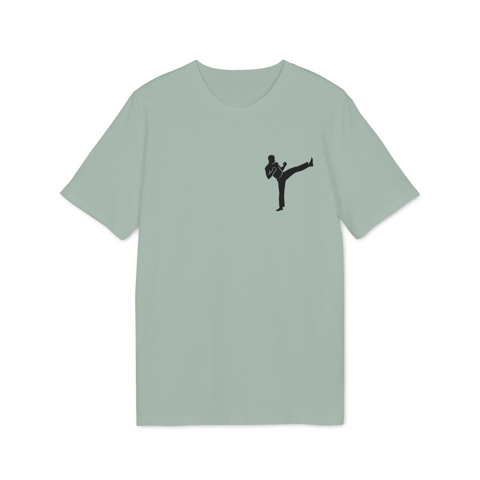 Alt Tag: Karate Kick Sustainable Unisex Tee in sage green with black karate kicking silhouette graphic