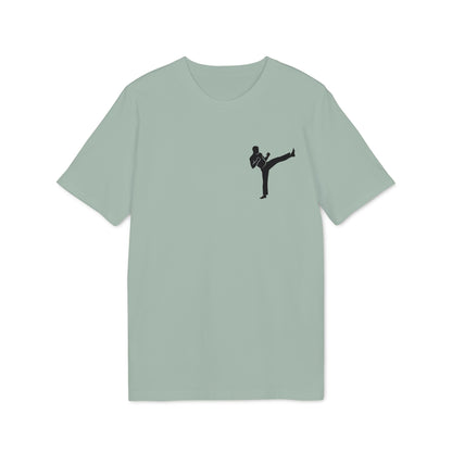 Alt Tag: Karate Kick Sustainable Unisex Tee in sage green with black karate kicking silhouette graphic