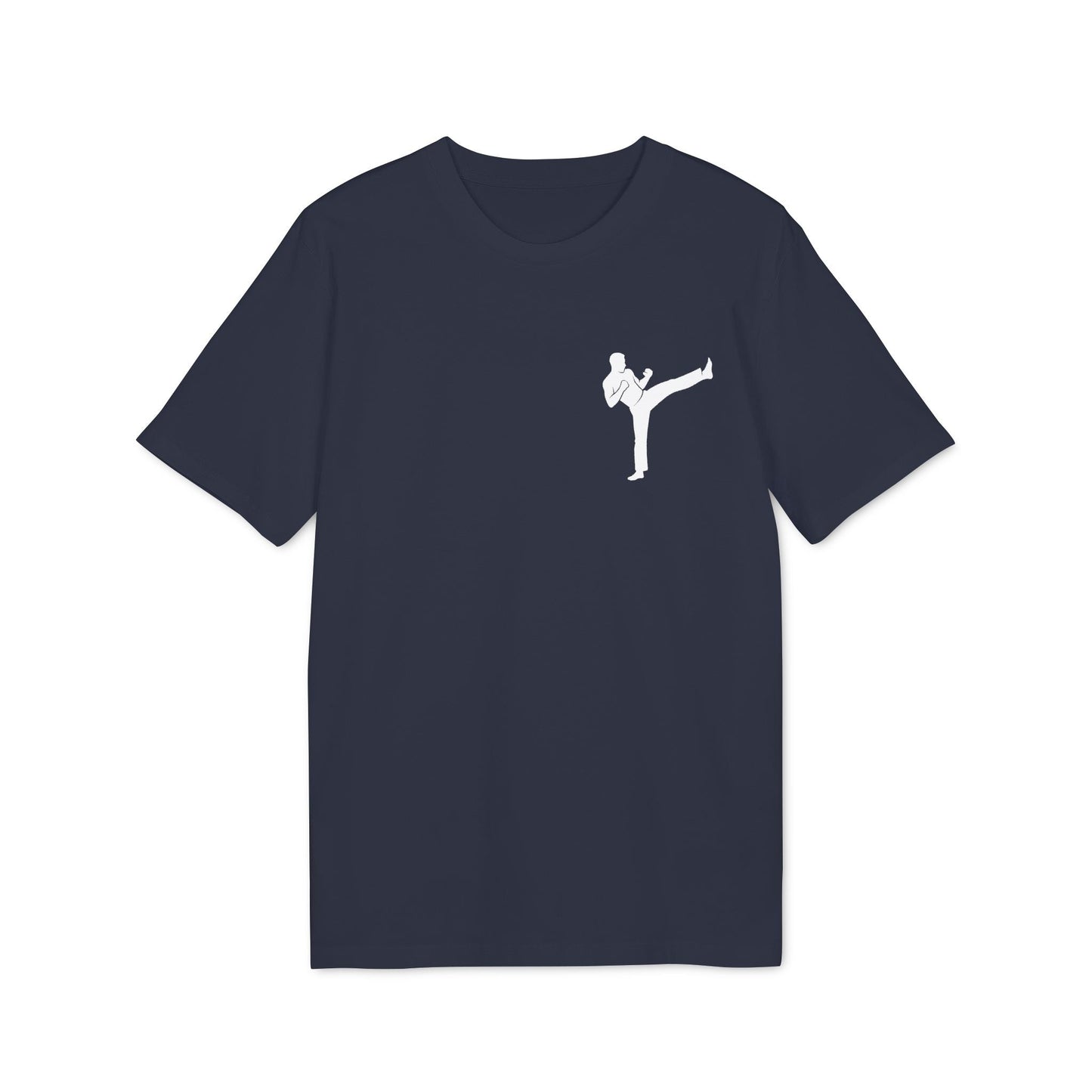 Alt Tag: Karate Kick Sustainable Unisex Tee navy t-shirt with white karate kick silhouette graphic on chest