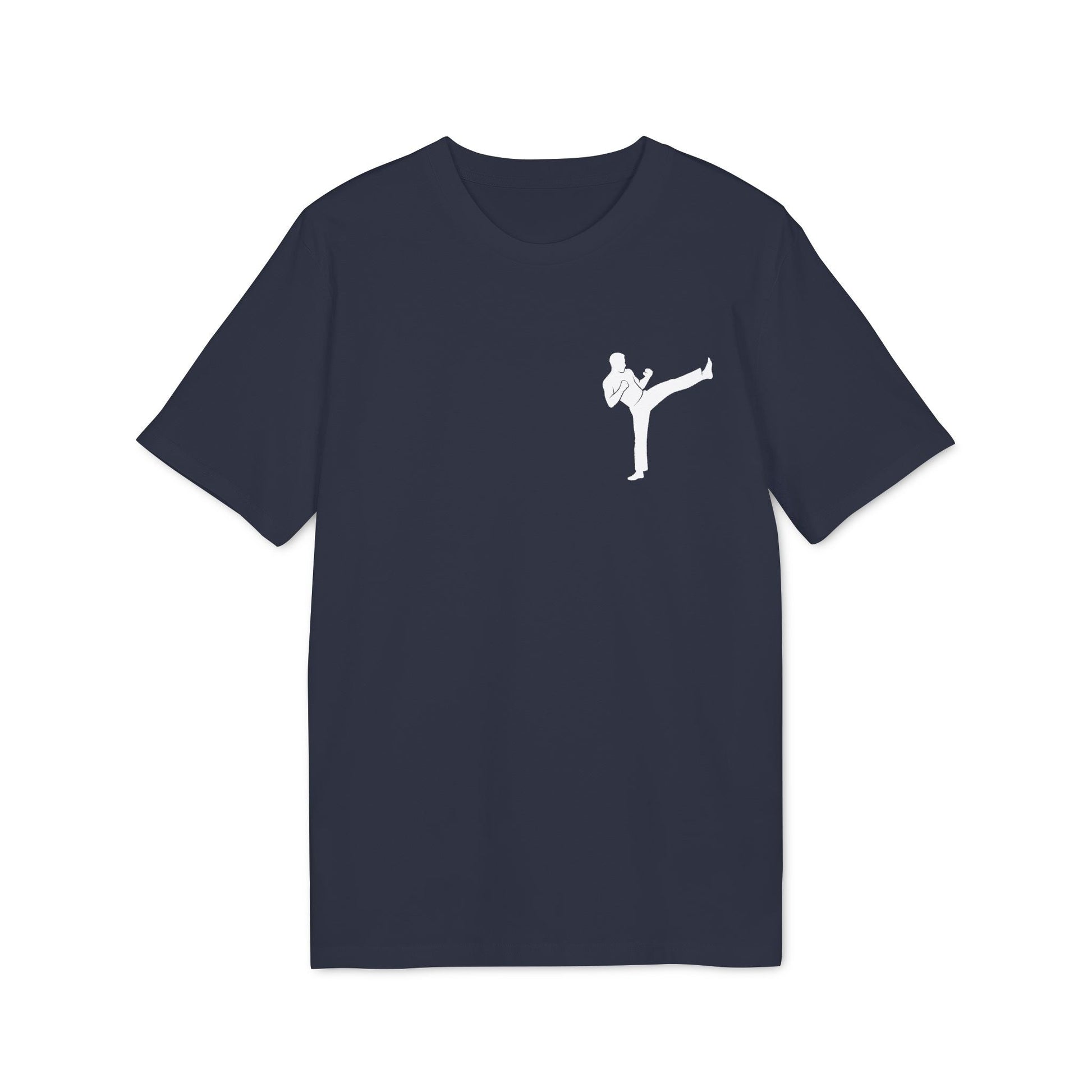 Alt Tag: Karate Kick Sustainable Unisex Tee navy t-shirt with white karate kick silhouette graphic on chest