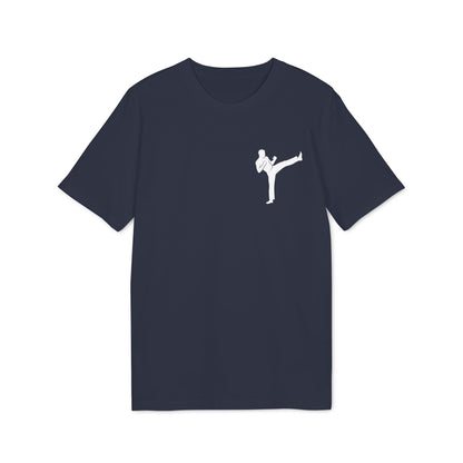 Alt Tag: Karate Kick Sustainable Unisex Tee navy t-shirt with white karate kick silhouette graphic on chest