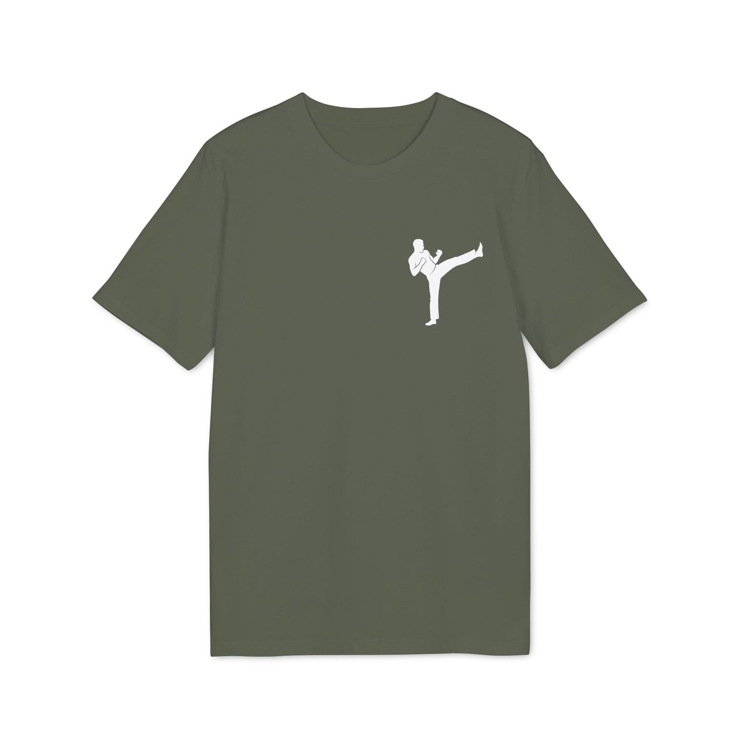 Alt Tag: Karate Kick Sustainable Unisex Tee in olive green with white karate kick silhouette graphic on chest