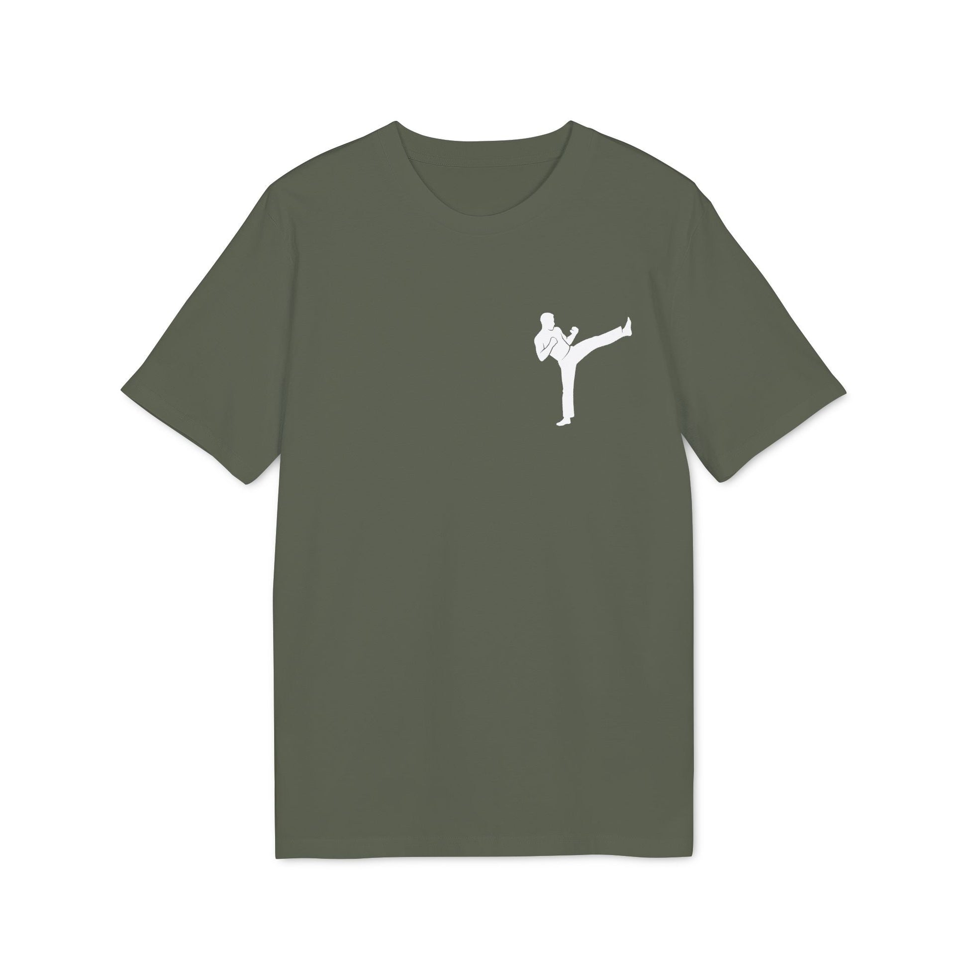 Alt Tag: Karate Kick Sustainable Unisex Tee in olive green with white karate kick silhouette graphic on chest