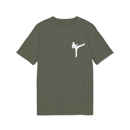Alt Tag: Karate Kick Sustainable Unisex Tee in olive green with white karate kick silhouette graphic on chest