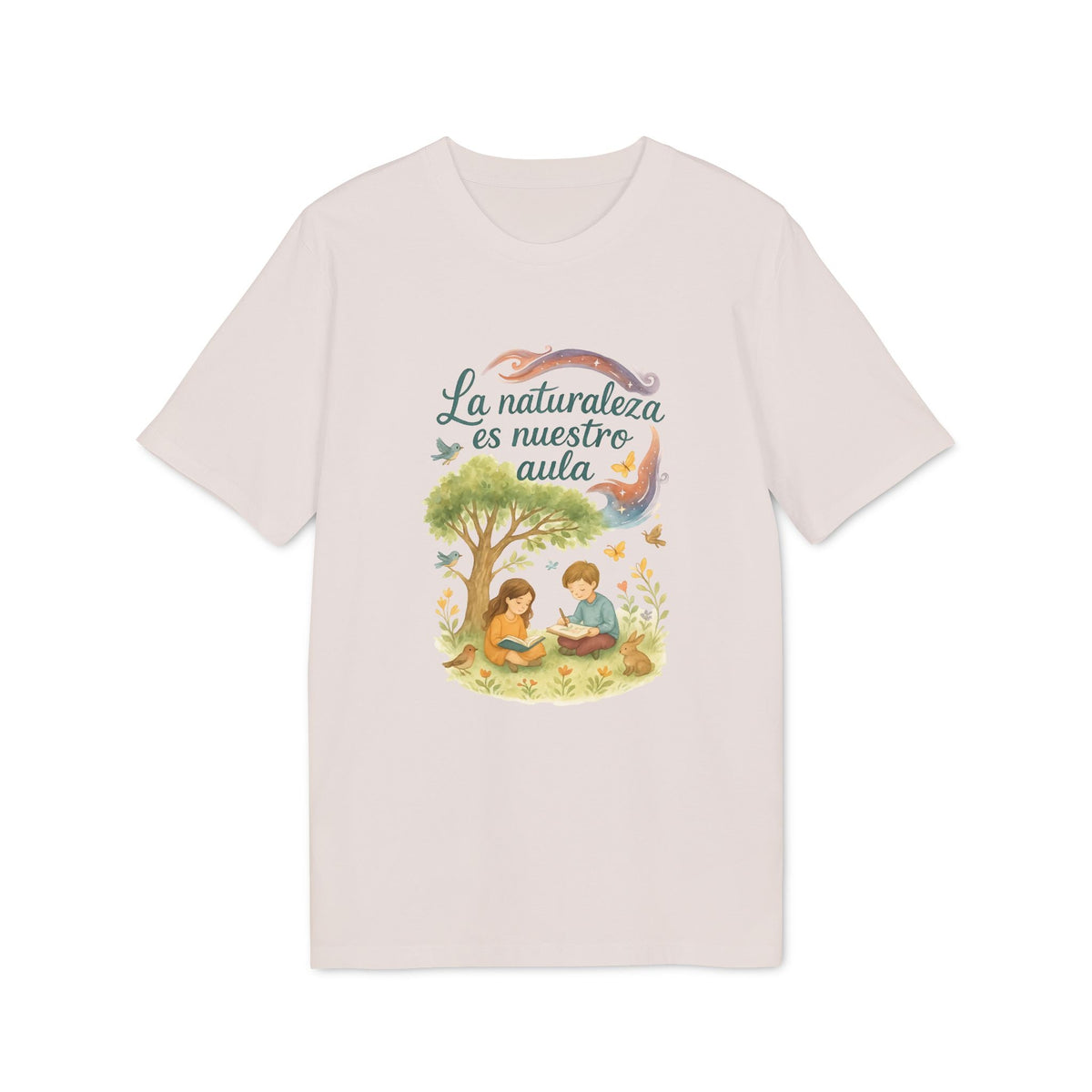 Alt Tag: La Naturaleza Es Nuestra Aula Organica Sustainable Unisex Tee camiseta unisex orgánica sostenible con ilustración de niños leyendo