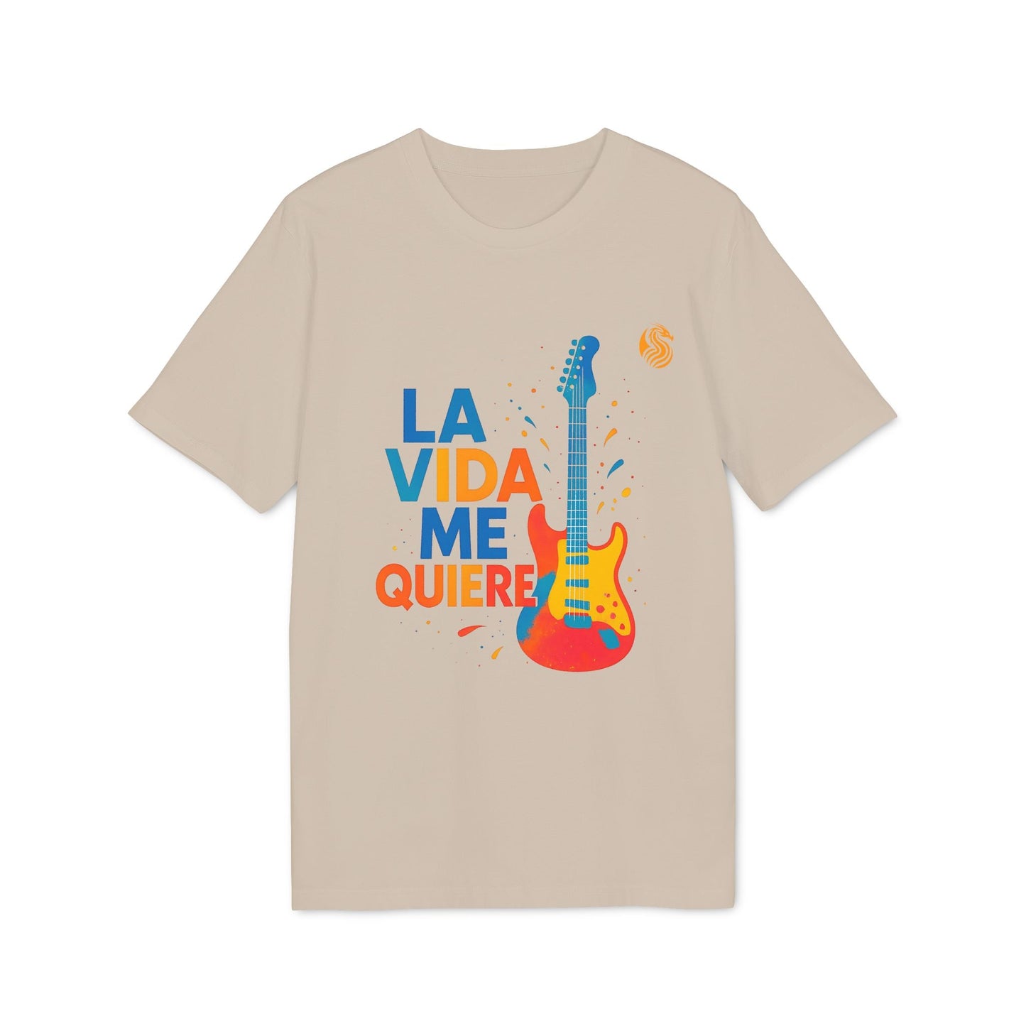 La Vida Me Quiere Electric Guitarr Drix Camiseta Premium Unisex camiseta gráfica beige con guitarra eléctrica colorida y texto “LA VIDA ME QUIERE”