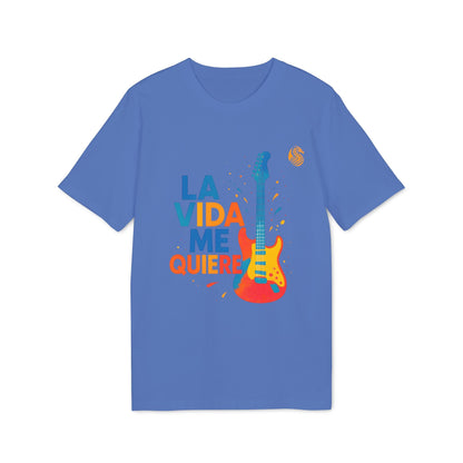 Alt Tag: Camiseta Premium Unisex La Vida Me Quiere Electric Guitarr Drix azul con gráfico de guitarra eléctrica y texto “LA VIDA ME QUIERE”
