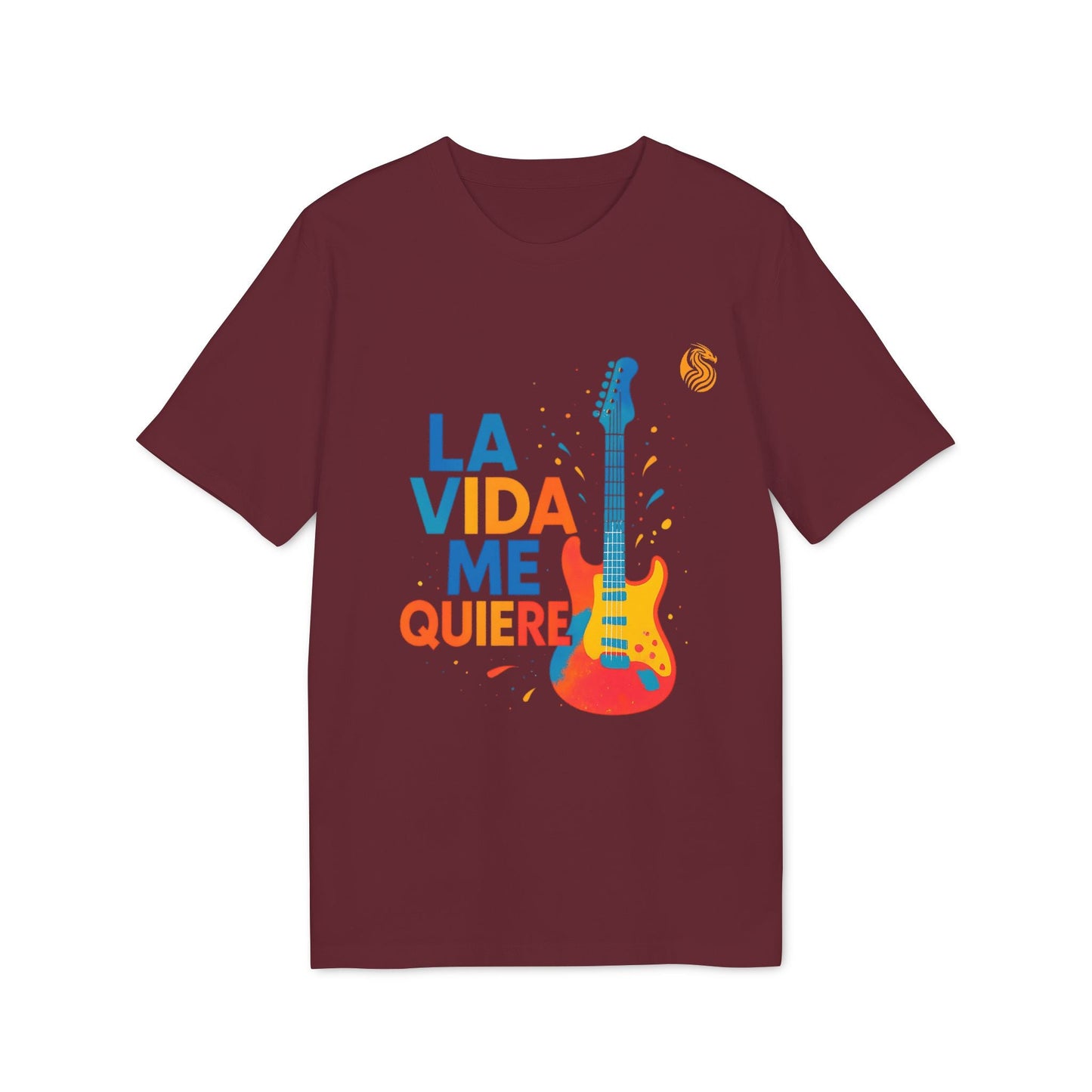 Alt Tag: La Vida Me Quiere Electric Guitarr Drix Premium Unisex Camiseta granate con diseño de guitarra eléctrica y texto “LA VIDA ME QUIERE”