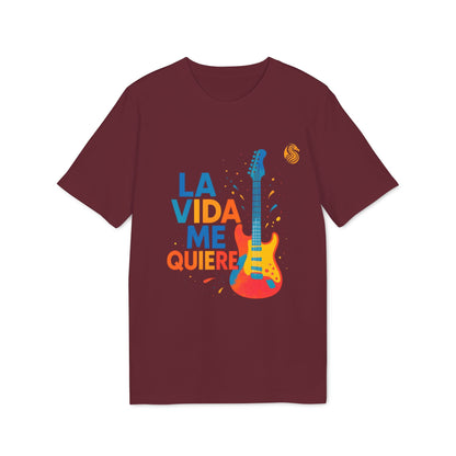Alt Tag: La Vida Me Quiere Electric Guitarr Drix Premium Unisex Camiseta granate con diseño de guitarra eléctrica y texto “LA VIDA ME QUIERE”