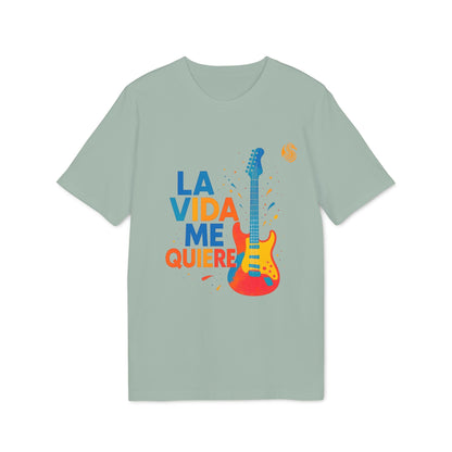 Alt Tag: La Vida Me Quiere Electric Guitarr Drix camiseta premium Unisex con guitarra eléctrica y texto “LA VIDA ME QUIERE” en color verde
